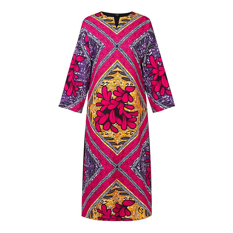 Rochii largi imprimate cu mâneci lungi, cu gât rotund, mărimi Plus