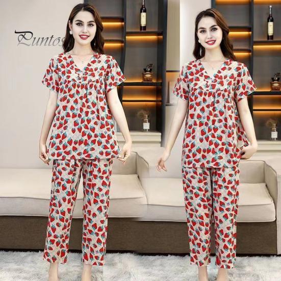 Women's Cotton Pajamas Set Short Sleeve Top Long Pants Casual Two-Piece Sleepwear Set Summer Plus Size Thin Loungewear for Elderly Mom
