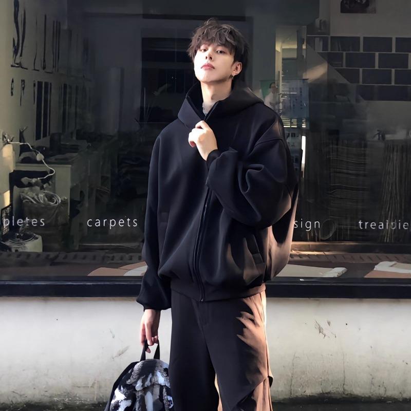 High Quality Black Hooded Cardigan Sweatshirt Men Autumn Casual Streetwear