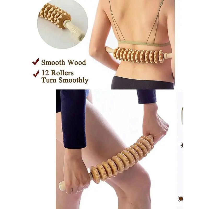 Body Fascia Massager Anti-slip Handle Wood Grooved Gear Arms Legs Thighs Buttocks Smooth Roller Massager for Back Relaxation