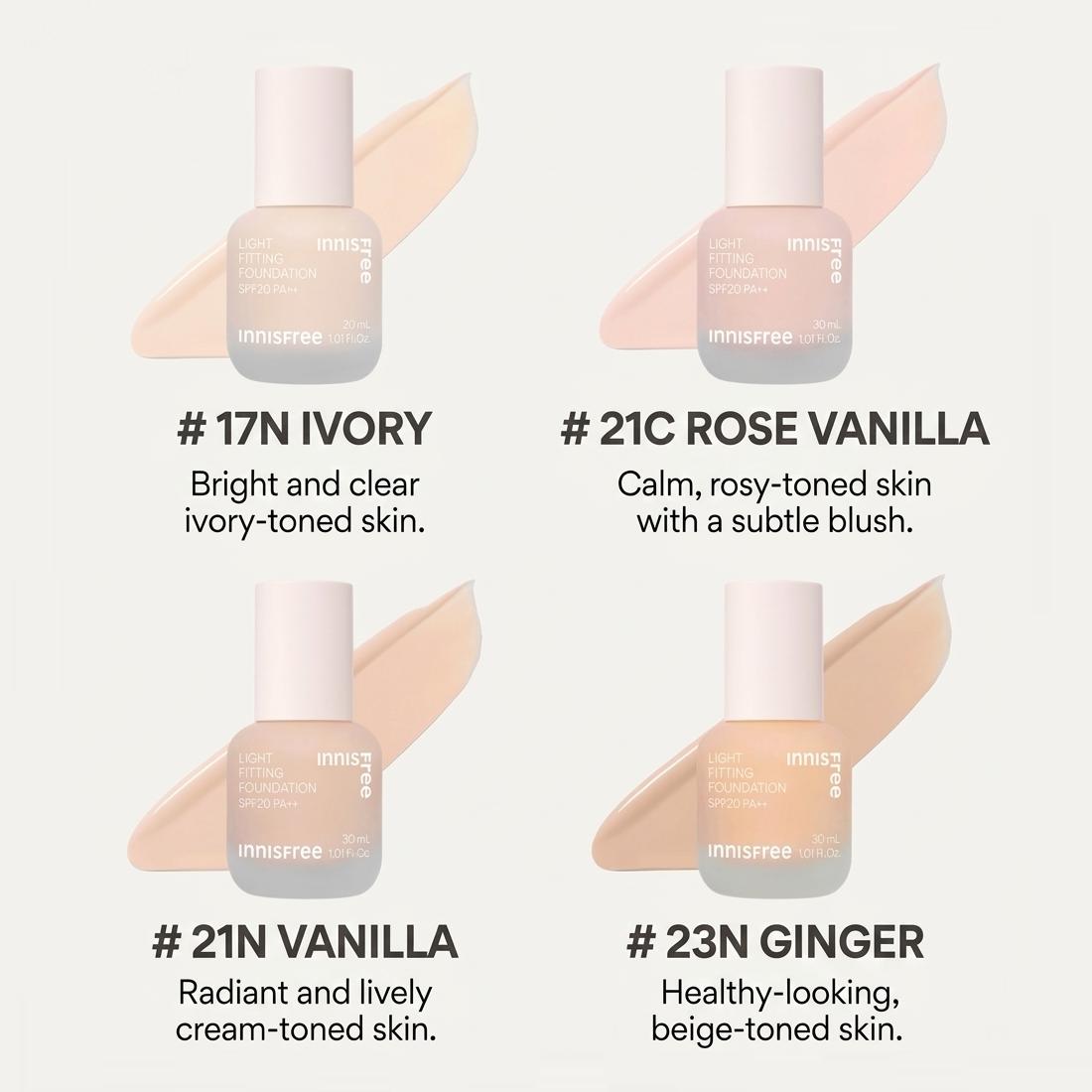 Innisfree Light Fitting Foundation Long-Lasting Natural Coverage 30mL (4 Shades) 17N Ivory