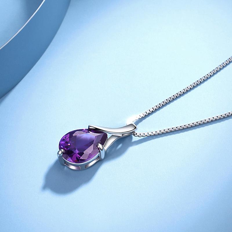 Amethyst Teardrop S925 Sterling Necklace - European Style Clavicle Chain for Women