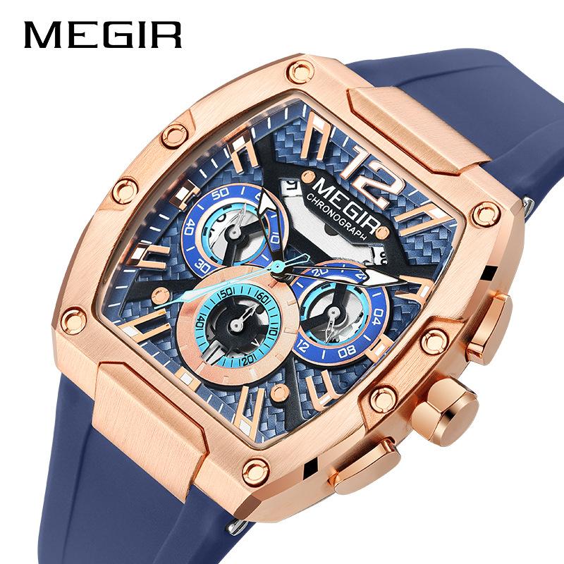 Megir Quartz Watch for Men Waterproof Silicone Strap Fashion Tonneau Case Chronograph Sport Wristwatch with Date Luminous Hands