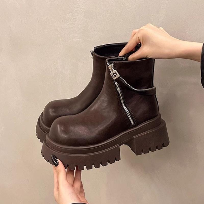 Soft Leather Diagonal Zipper Fashion Boots, Thick Soled Sponge Cake, Small Stature 6cm Chimney Boots, Chelsea Boots for Women