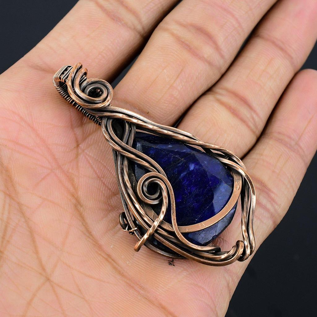 Pendentif Saphir Bleu, Pendentif Pierre Précieuse Fait Main, Pendentif Enveloppé de Fil de Cuivre 999 Bijou Antique, Pour Cadeau de Fiançailles