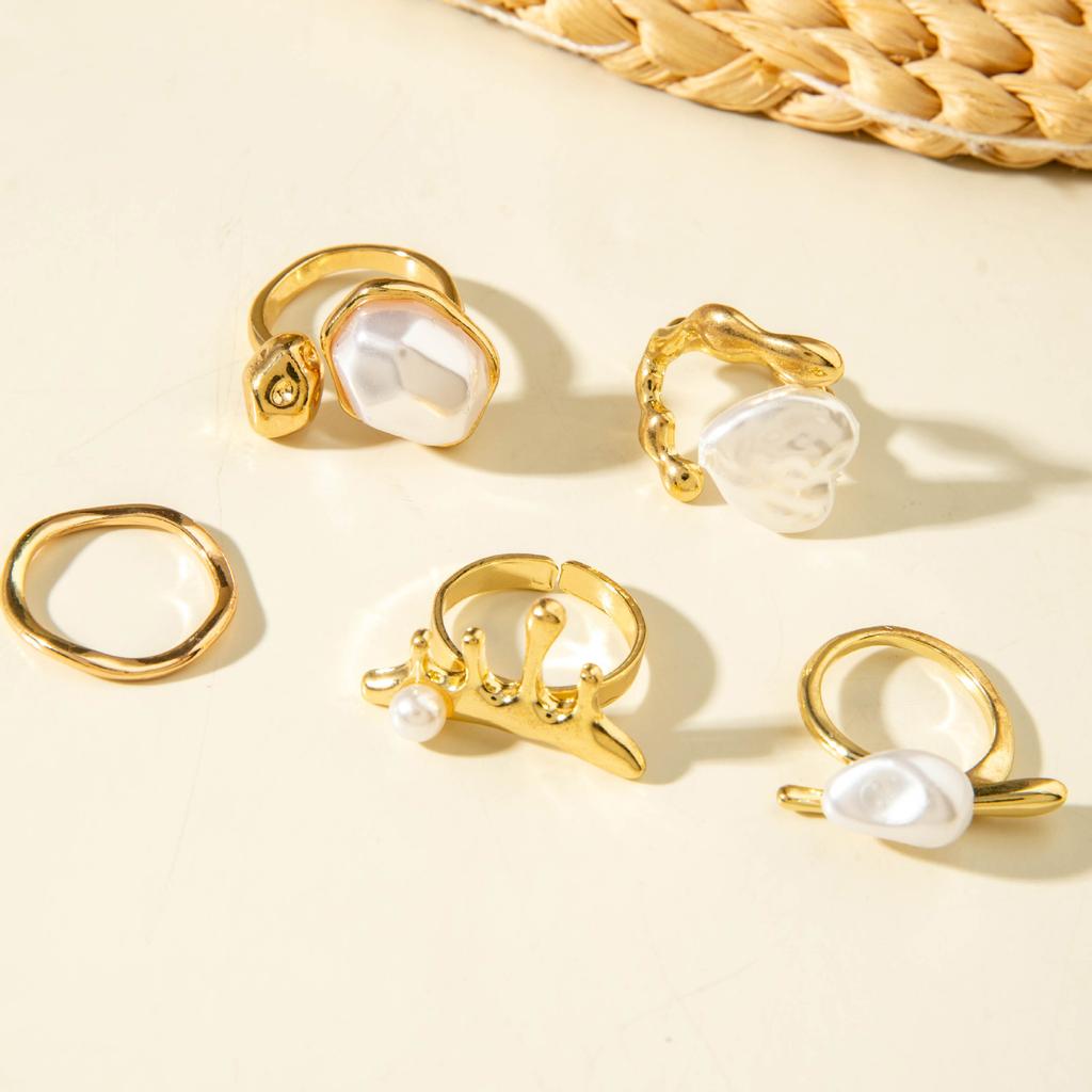 Women's Fashion Alloy Irregular Pearl Ring, Retro Ring 5-piece Set