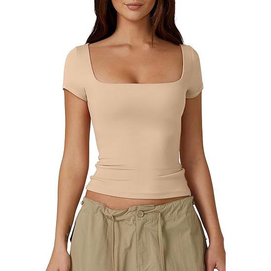 

Женский укороченный топ слим-фит однотонный - квадратный вырез, короткий рукав Extra Small абрикосовый