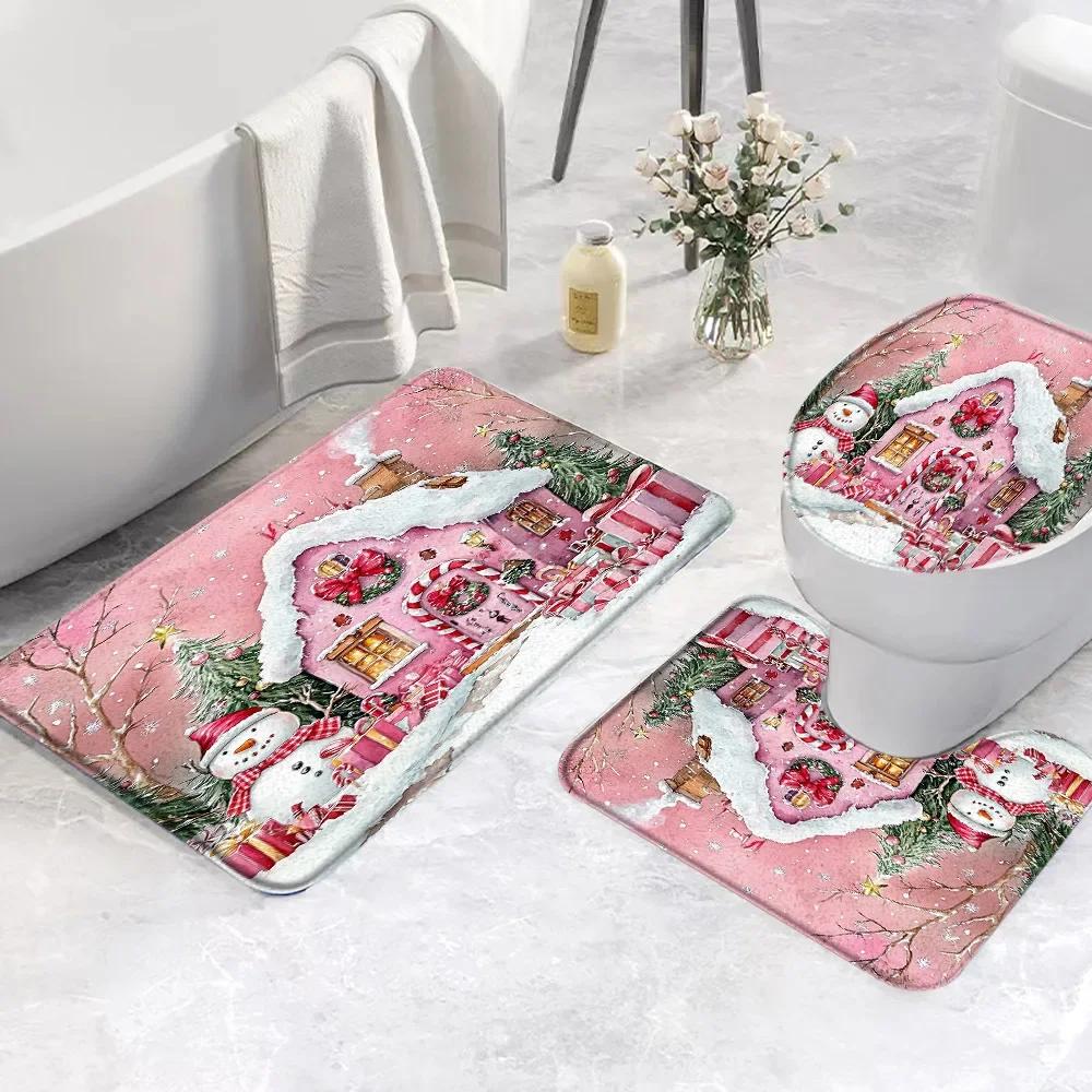 Set di 3 Tappetini da Bagno Natalizi Pupazzo di Neve Babbo Natale Scena Invernale con Neve Rosa Regalo Festivo Tappetino da Bagno Copri WC Decorazione Bagno