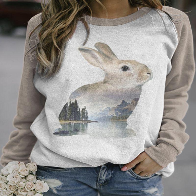 

2024 Осень и зима Новый женский реглан с длинным рукавом 3D милый животный принт повседневный пуловер Y2K свободная женская футболка L