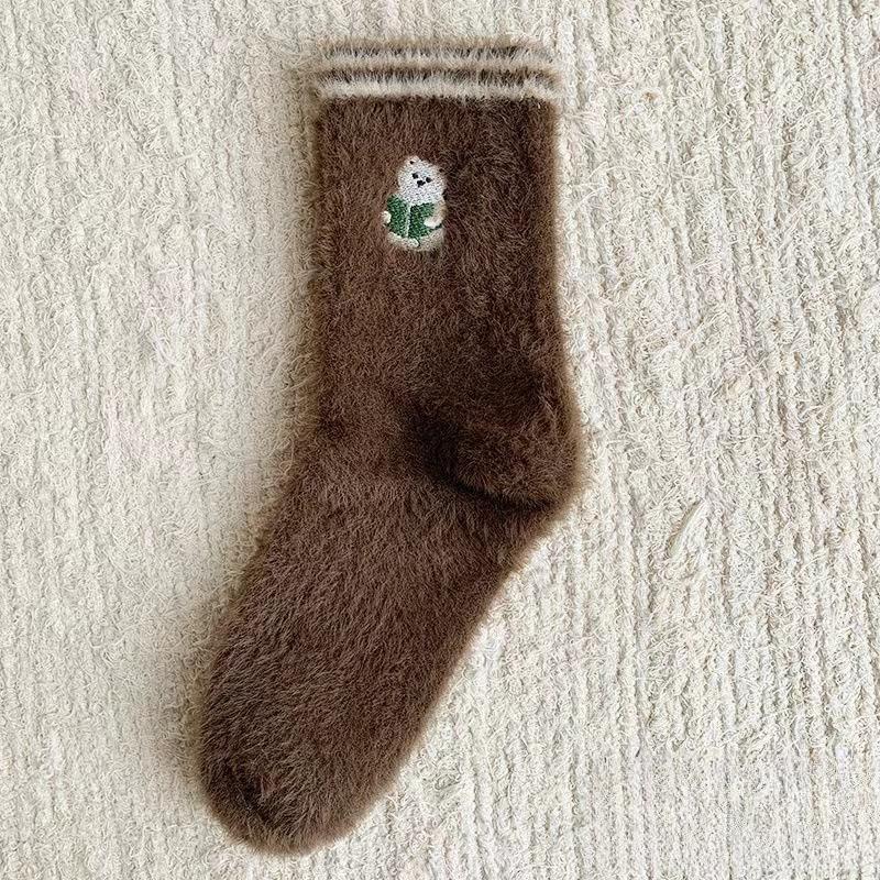 

Autumn and Winter Women s Fleece Thickened Cute Mink Fleece Socks Mid-calf Warm Cartoon Fleece Home Floor Socks 1 pair темный кофе