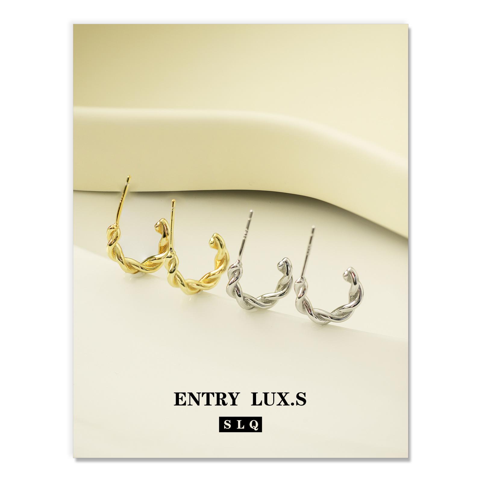 

925 Silver Twisted C-Shaped Hoop Earrings: Retro Hong Kong Style with a Luxurious Touch 925 Silver платиновий