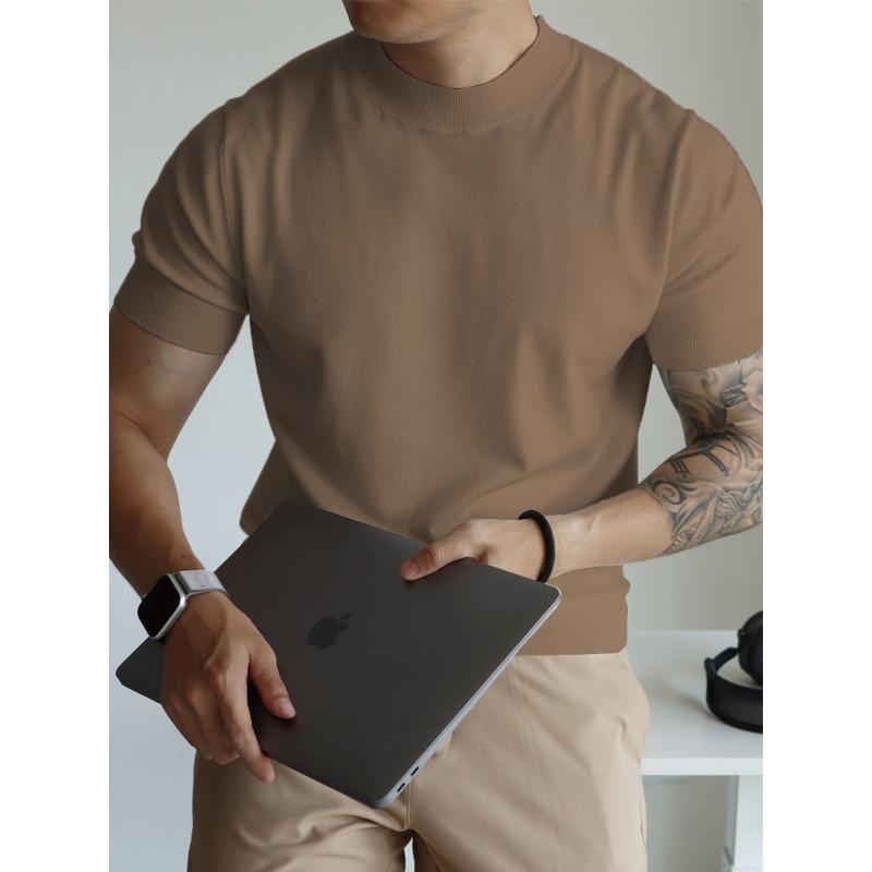 Men Short Sleeve Knit T Shirt Crew Neck Solid Color Slim Fit Casual Breathable Top