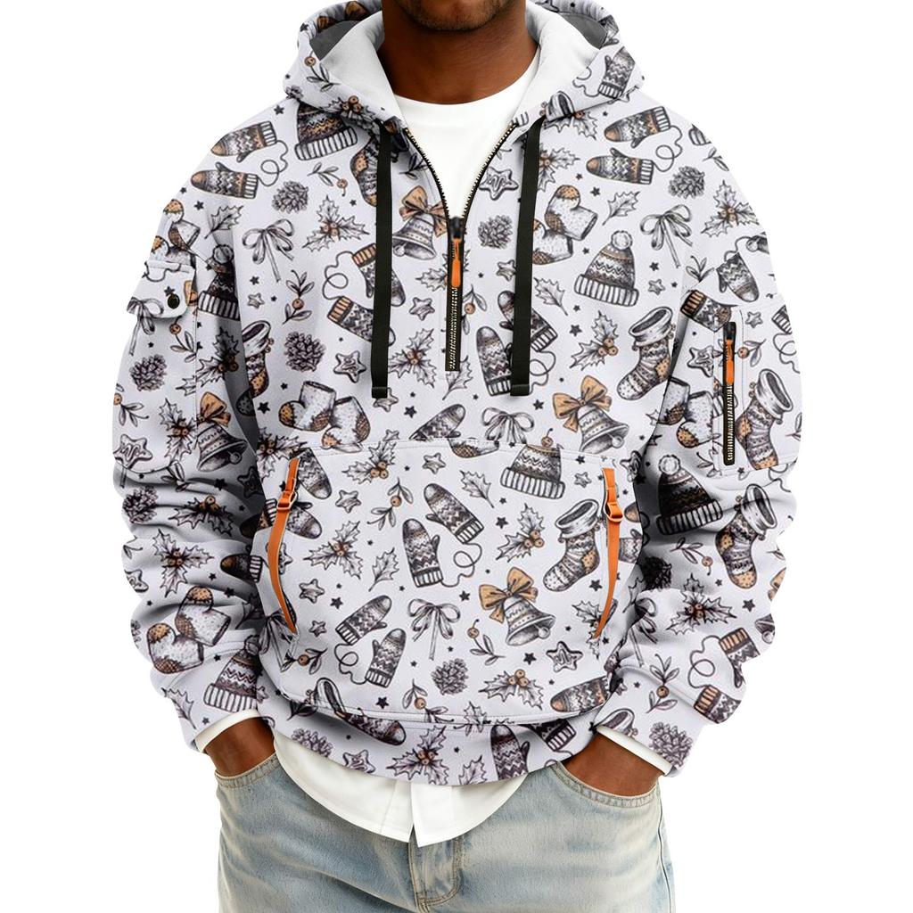 Sudadera deportiva casual de media cremallera con capucha y estampado navideño para hombre