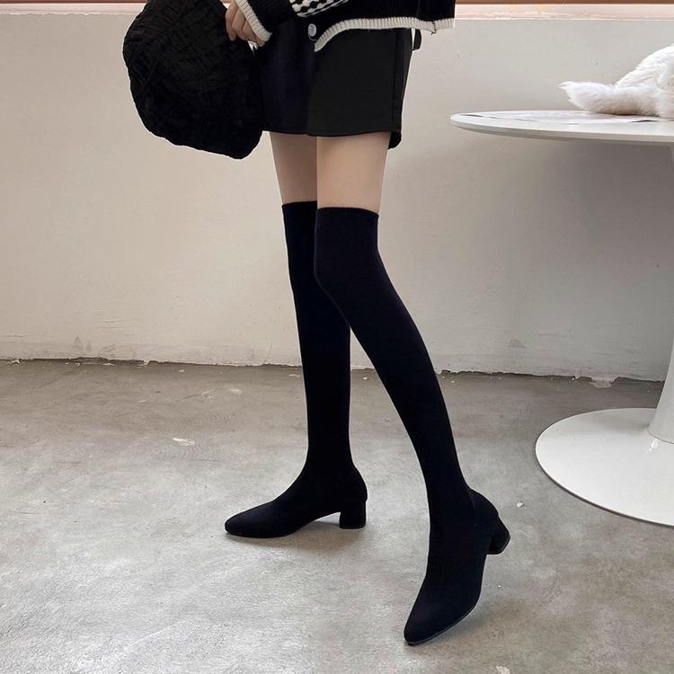 French Internet Celebrity Pointed High Heel Thin Boots Women 2025 New Autumn and Winter Elastic Tube Thick Heel Knee Socks Boots Boots