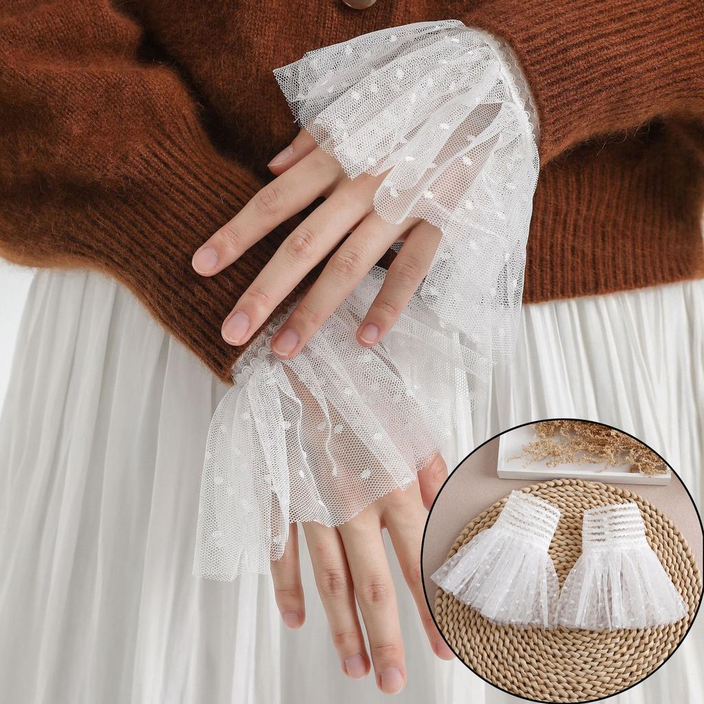 1 Pair Detachable Lace Cuff Sleeves Gauze Elastic Sleeve Cuffs Wrist Lace Cuffs White Sleeves Cuffs Women Blouse Wrist Warmers