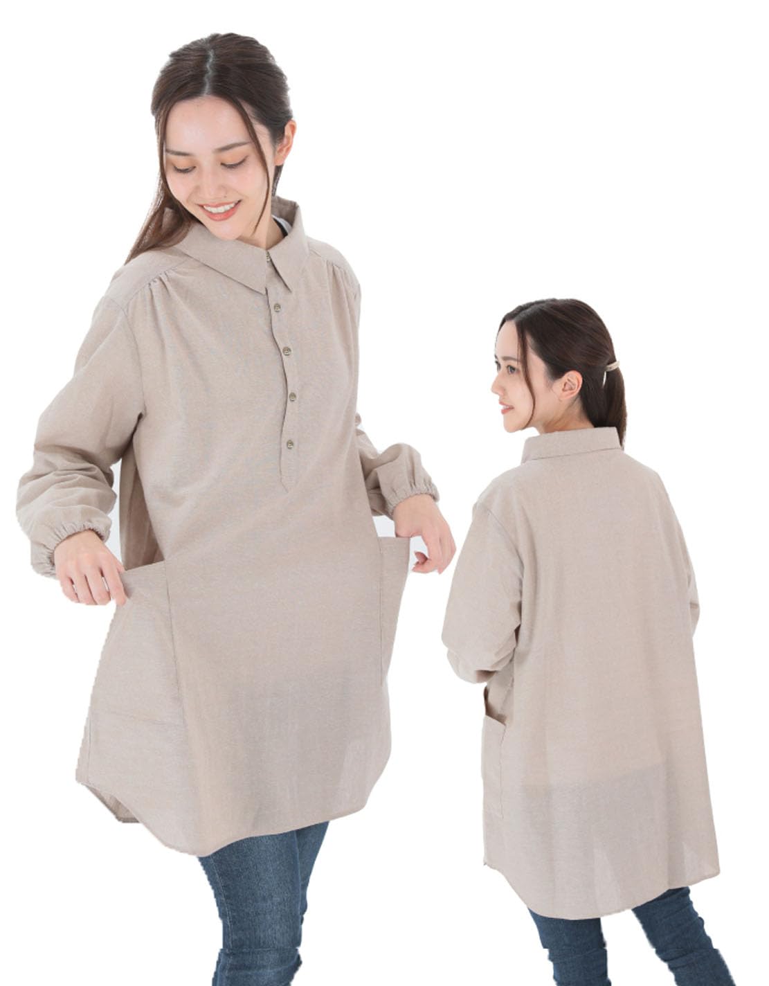 

готовить с рубашкой просто наденьте ее, она закрывает большое с с [Global Japan] Фартук, фартук, женский, стильный, воротник, на, ягодицы, свободный, стиль, карманы, бежевый