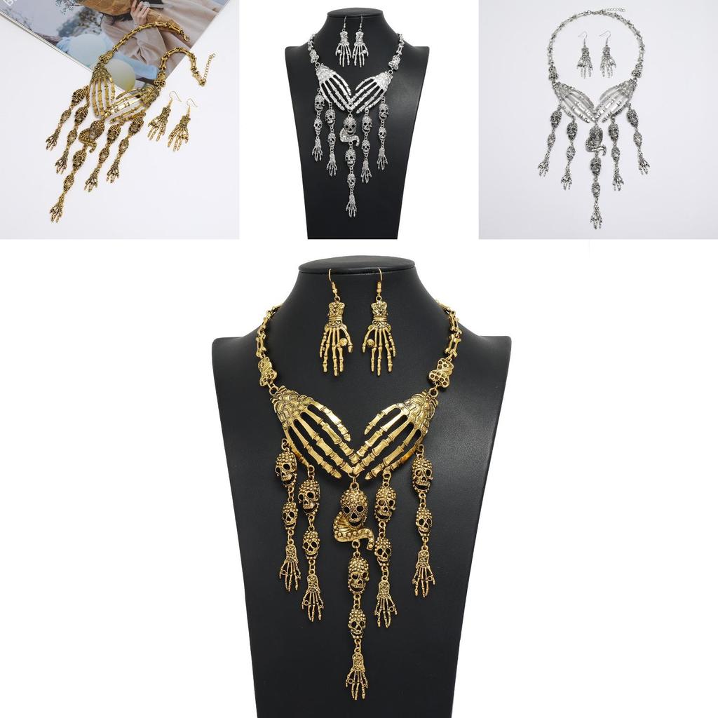 Fashion Hand Bone Women Necklace And Earring Set With Skeleton Tassel Design For Gothic Costumes