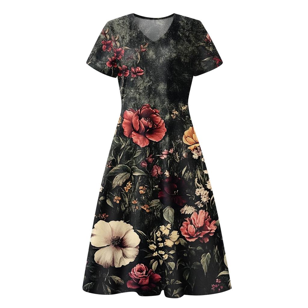 Women's Summer Casual Fashion Print Pocket Short Sleeve V-Neck Swing Dress