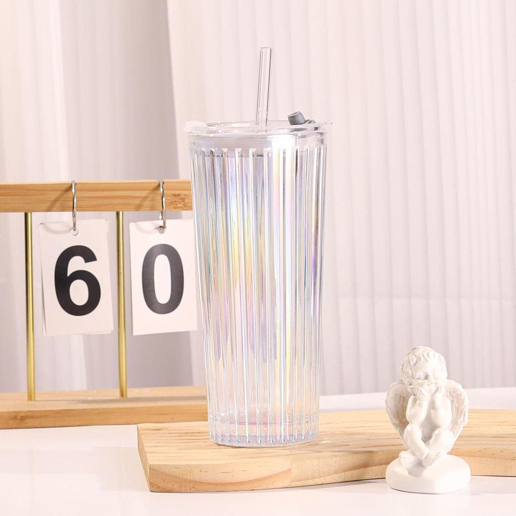 Large Capacity Transparent Glass Straw Cup with Lid for Office Drinks: Milk Tea, Coffee, Americano, Latte, Juice