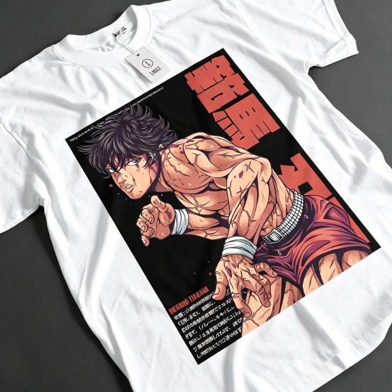 Vintage gewaschenes Baki The Grappler Yujiro Manga Grafik T-Shirt Herren Damen Bedrucktes T-Shirt Sommer Freizeit Mode Kleidung Oberteile Hohe Qualität Unisex Oversize