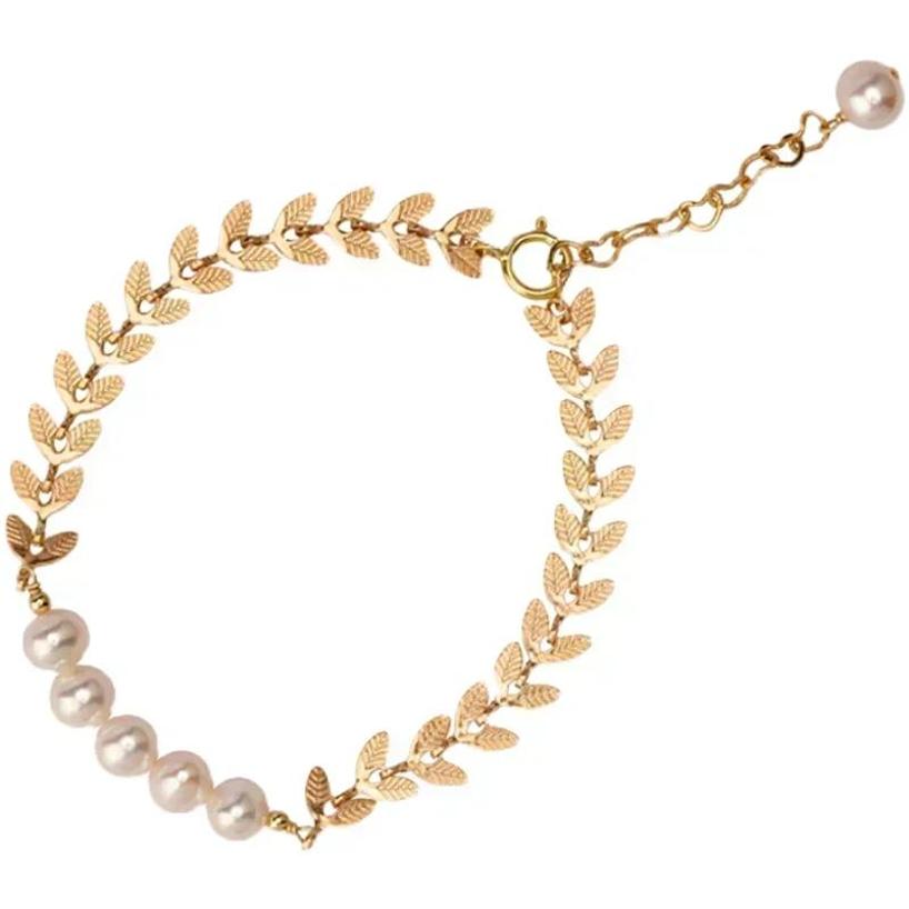1 Pcs Women Fashion Simple Reative Design Sense Leaf Shape Golden Chain Pearl Stainless Steel Charm Bracelet Jewelry Accessories
