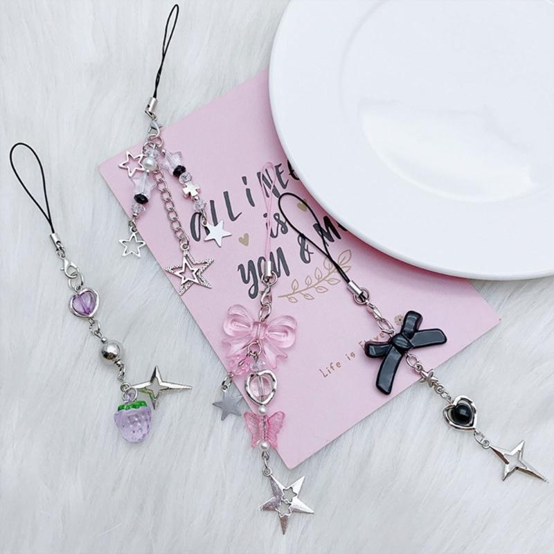 4Pcs Cute Bowknot Star Pendant Phone Charm Y2K Phone Chain Strap Sweet Bag Decoration Lanyards Keychain Accessories