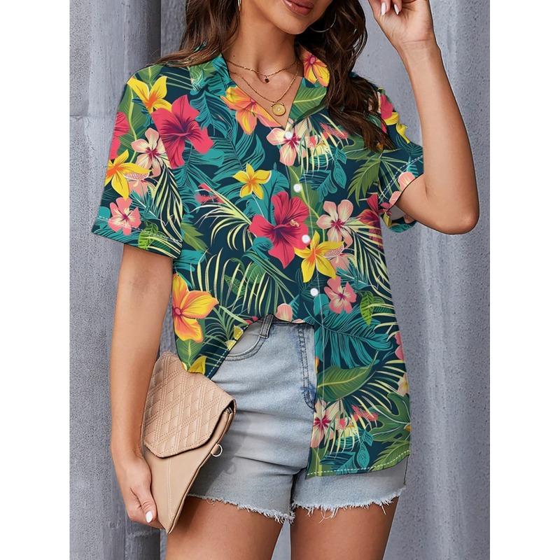 2026 New Women's Fashion Trendy Simple and Casual Hawaiian Floral and Botanical Print Short-Sleeve Shirt