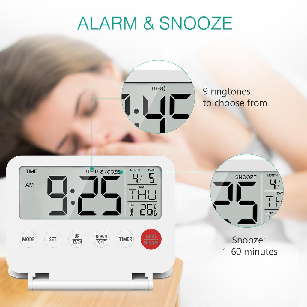 ORIA Digital Alarm Clock with Calendar Temperature Timer Foldable LCD Clock Battery Operated Desk Clock for Travel Home Office
