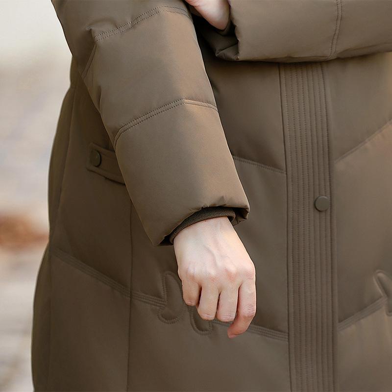 Middle Aged and Elderly Women's Long Down Jacket Winter White Duck Down Knee Length Cotton Jacket