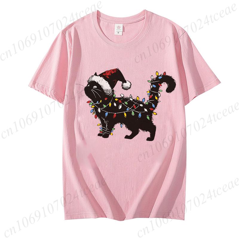 Unisex Cute Cat Christmas Graphic Print Tshirt Holiday Tee Shirts Casual O Neck Fashion Shortsleeve Soft Cat Mom Creative Tops