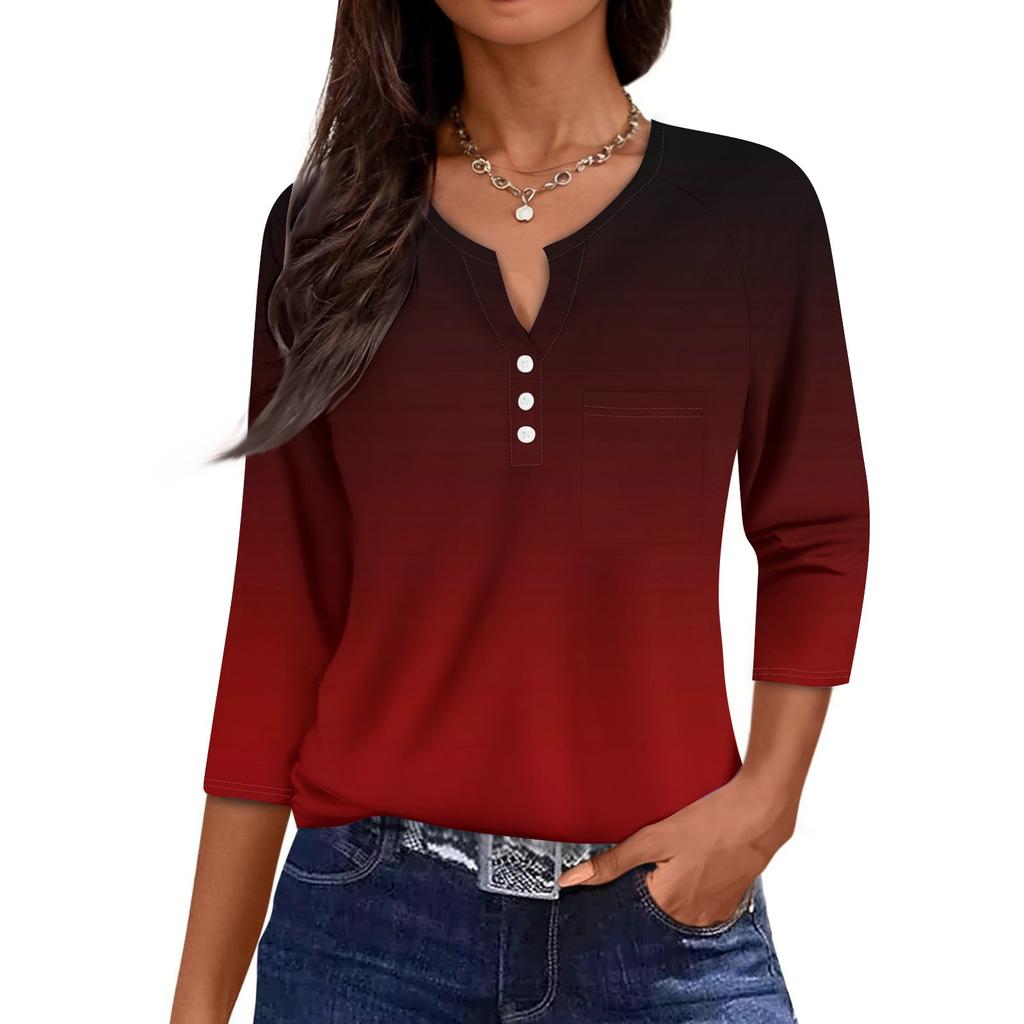 Damen Lässige Mode V-Ausschnitt Locker Vielseitig Farbverlauf Drei-Viertel-Ärmel