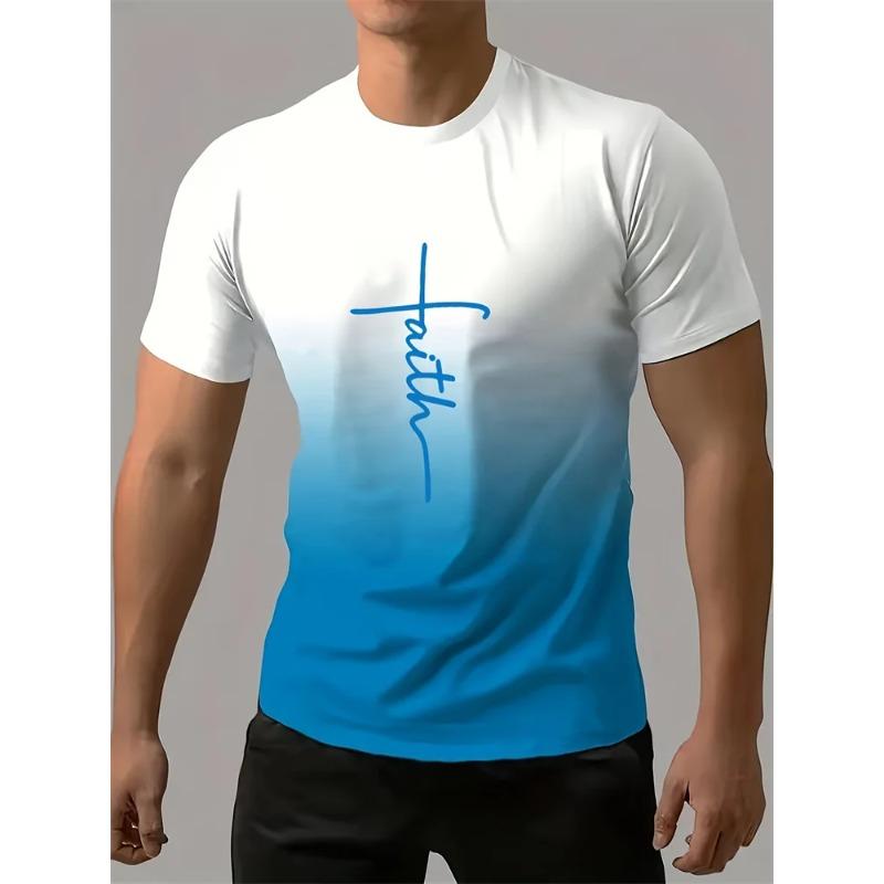 Men's Casual T Shirt Splicing Color Novelty Faith 3D Cross Symbol Printing Retro Summer Daily Top Shirt