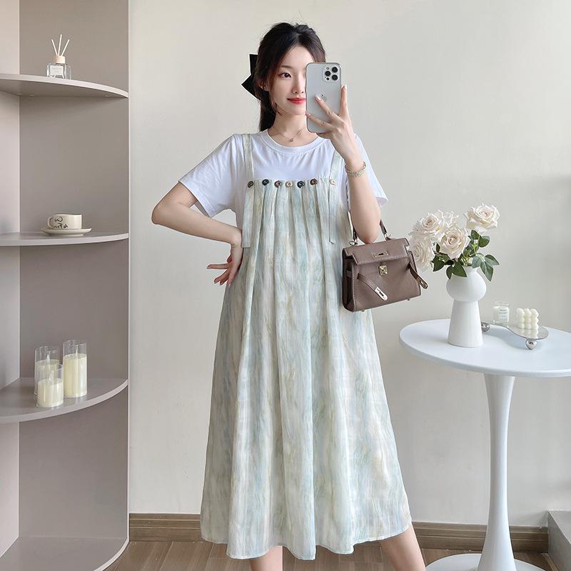 2026 Summer Korean Tie-dye Patchwork Maternity Dress - Faux Two-Piece Style Medium