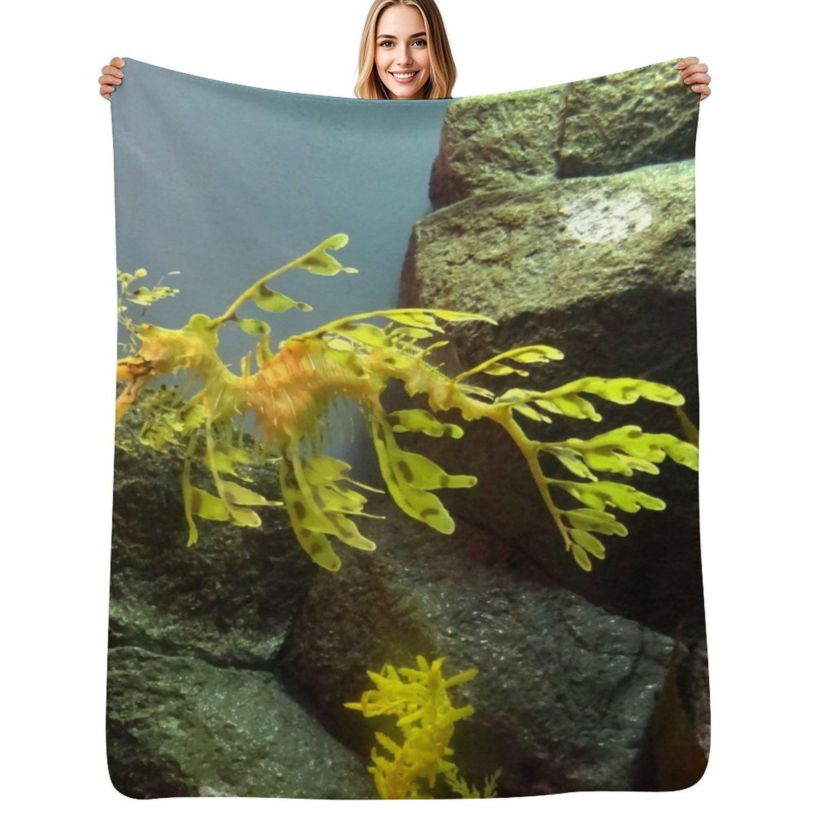 Leafy Sea Dragon with Rocks Throw Blanket Flannel Fleece Soft Warm Throw Blanket Size: 75*100cm, Weight: 230 GSM