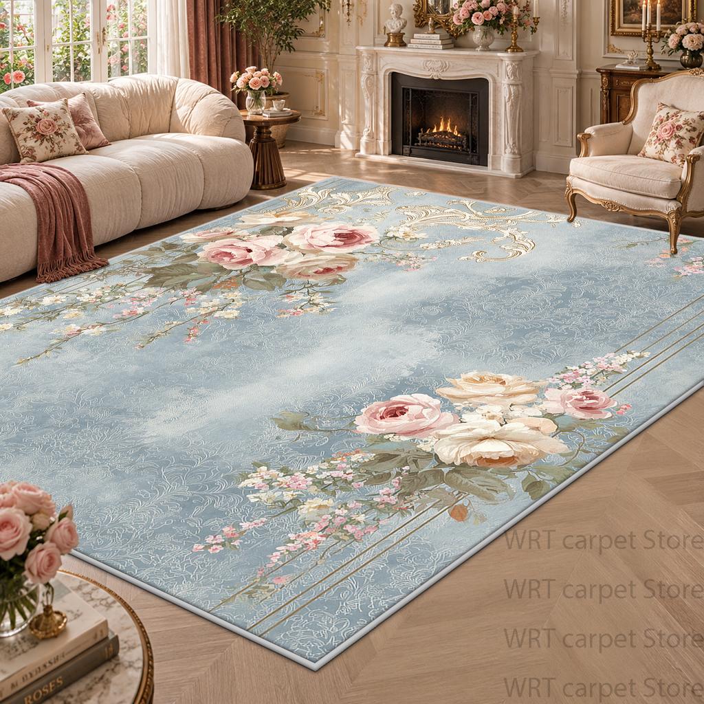 French Style Floral Large Living Room Carpets Machine Washable Fluffy Soft Decoration Rug Bedroom Patio Non-slip Floor Mat Home