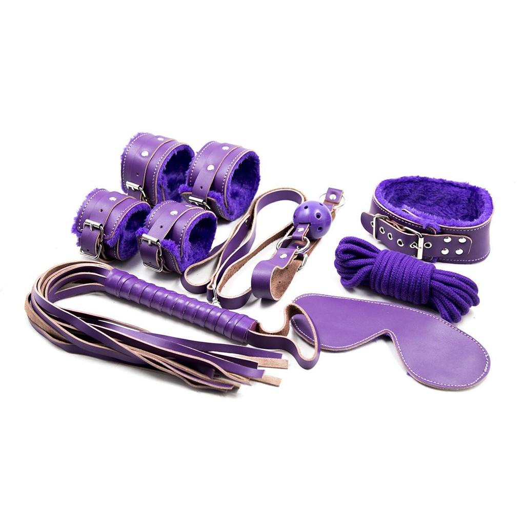 7pcs Genuine Leather Plush SM Sex Furniture BDSM Stuff Cotton Rope Blindfold Handcuffs Shackles Couple Games