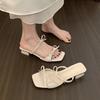 French temperament bow thick heel cool slippers women's summer wear 2025 sticky new with skirt square head open-toed sandals