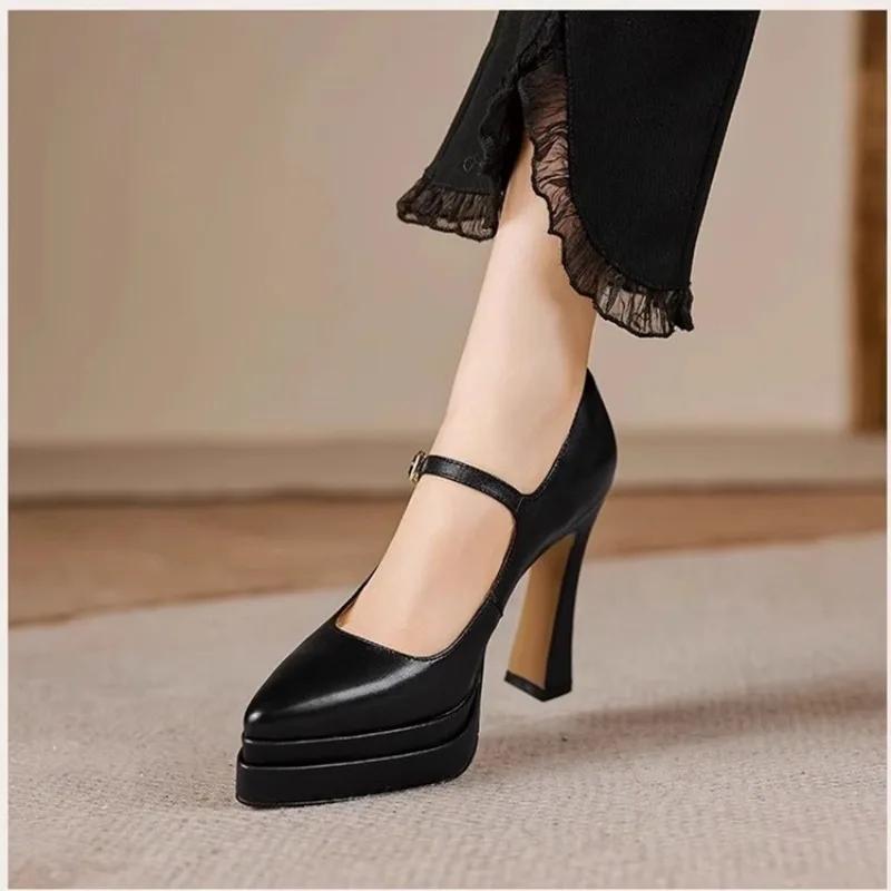 Beautiful French Niche Platform One Word Mary Jane Shoes Temperament Block Heel High Heels Women