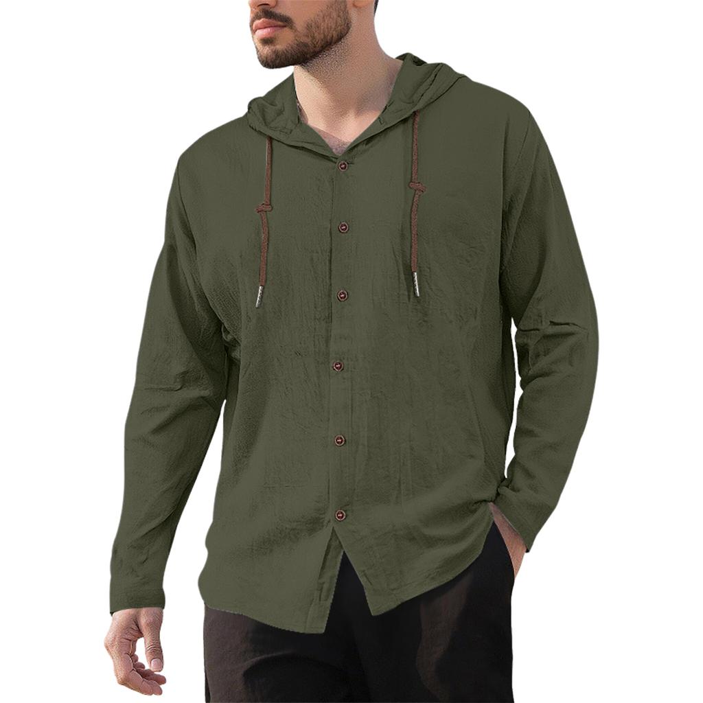 Men's Casual Cotton-Linen Blend Hooded Button-Down Shirt