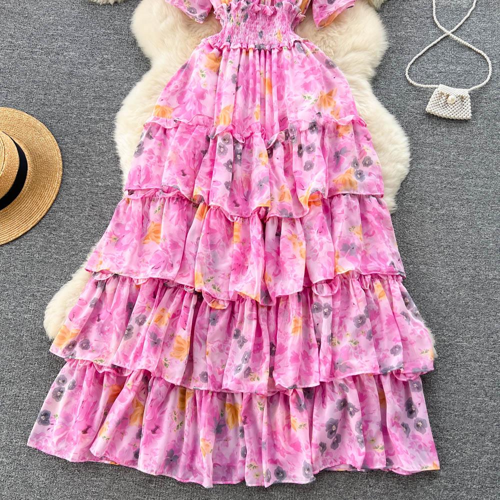 Summer French One Line Neck Fragmented Flower Dress Pleated Waist Wrapped High Grade Sweet Dress