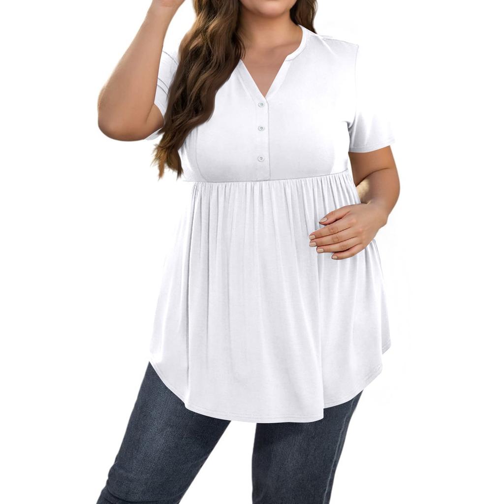 Women's Solid Color Large Size  V Neck Button-Up Top Casual Short Sleeve Flowy Top