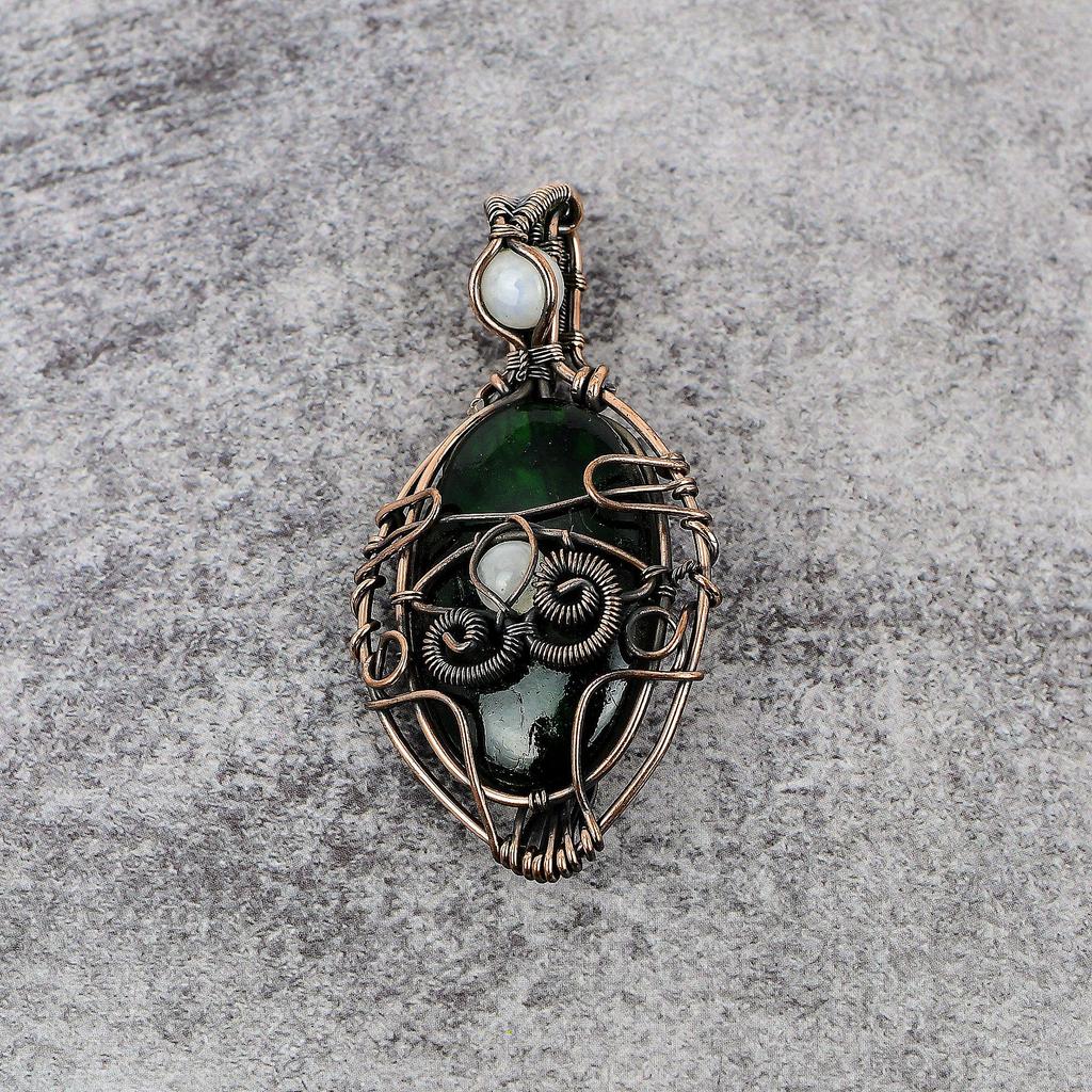 Green Flash Labradorite & Rainbow Moonstone 999 Copper Wire Wrapped Pendant, Handmade Gemstone Pendant , Gift For Mom Antique Jewelry