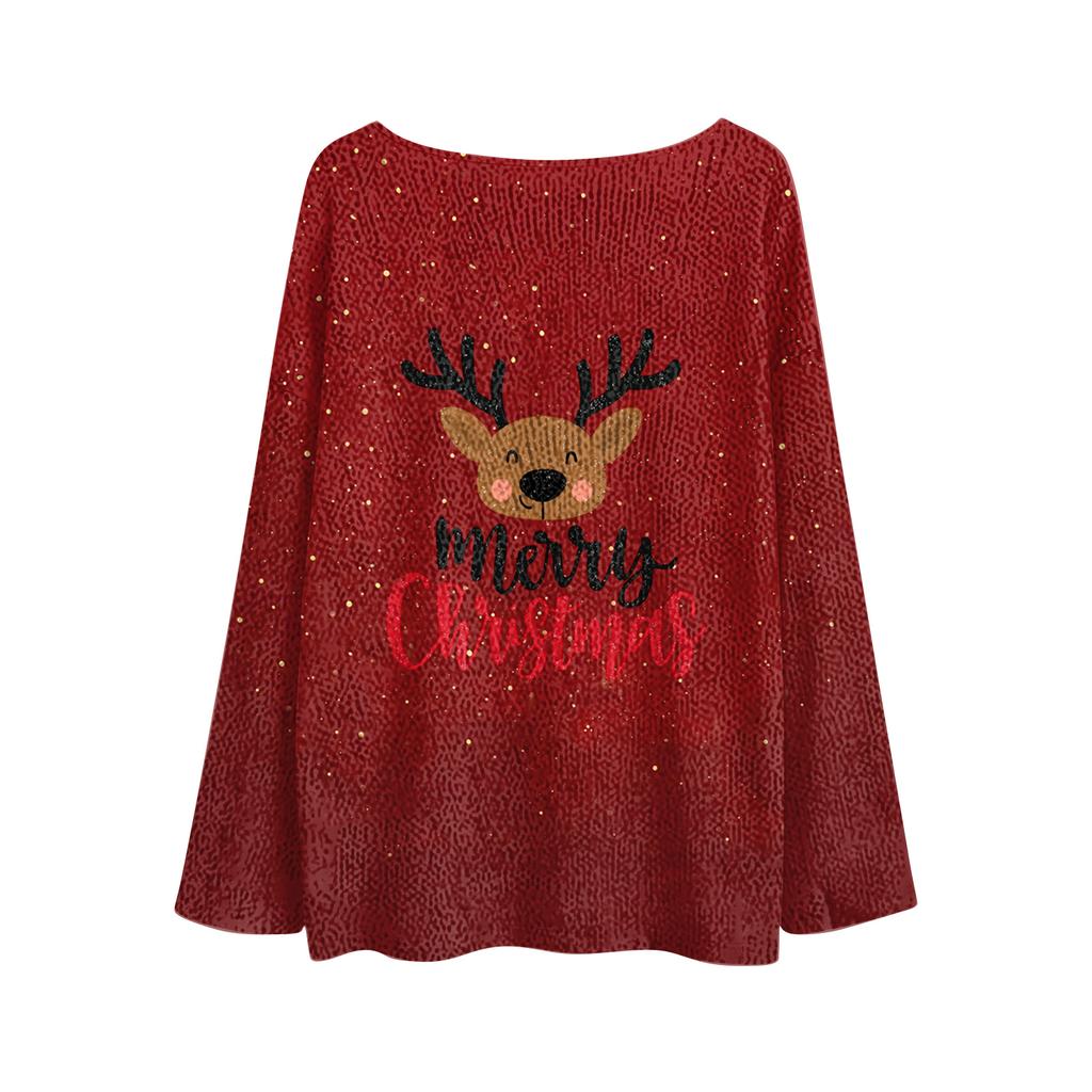 Women's Fashion Christmas Print Lightweight Sweater Casual Long-Sleeve Knit Pullover Top