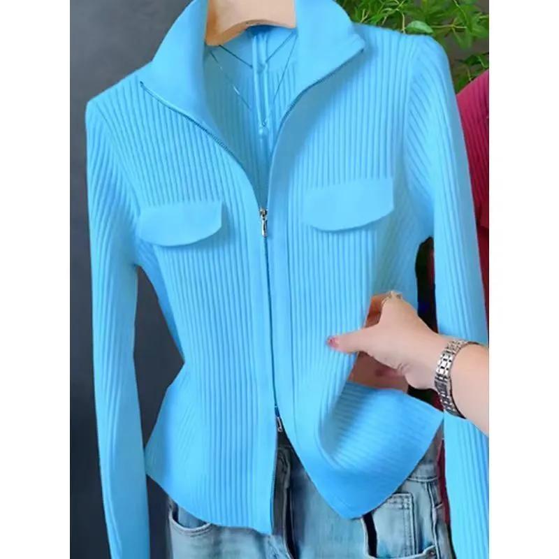 Fashion Zipper Short Knitted Cardigan Sweater Spring Autumn New Korean Versatile Coat Top Turn-Down Col Sweater Solid Color