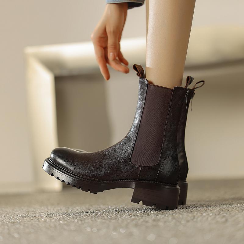 Krazing Pot Cow Leather Autumn Winter Shoes Round Toe Platform Plus Size Basic Clothing Thick Med Heels Slip On Chelsea Boots Women Ankle Boots