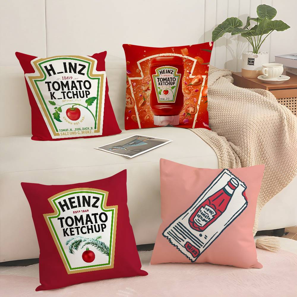 Funny H-heinzS Ketchup Label Pillow Case Soft Plush Fabric Double Sided Print Decorative Home Living Room Gift Cushion