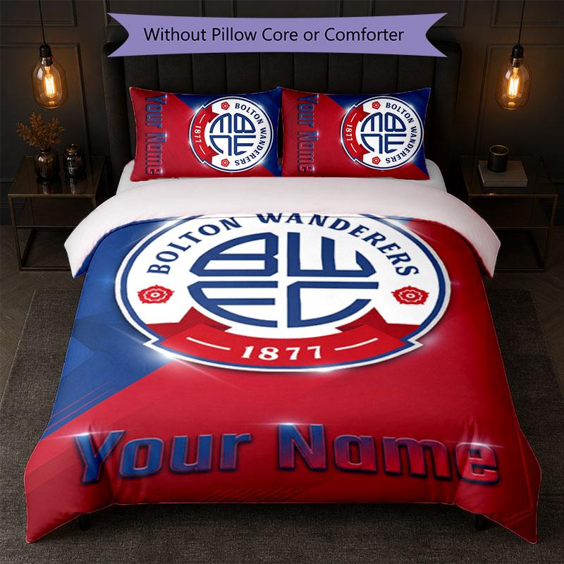 Bolton Wanderers FC Individuelles Namens-Text-Bettwäscheset 1 Bettbezug+2 Kissenbezüge Fußball-Logo Personalisierte Geschenkidee für besondere Anlässe Schlafzimmerdekoration