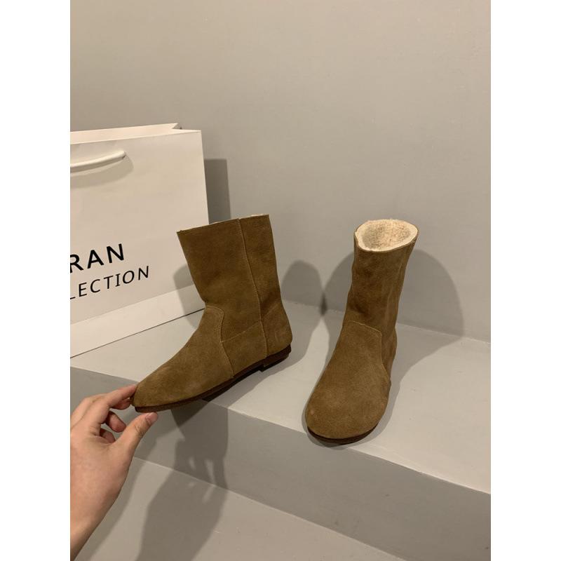 Autumn and winter round head flat bottom thin short boots women's retro literary and artistic fur versatile temperament comfortable Martin boots