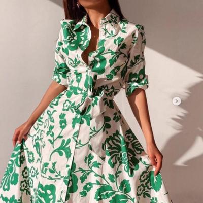 New Autumn Lapel Single-breasted Waist-hugging Women's Printed Waist-hugging Long-sleeved Shirt Dress