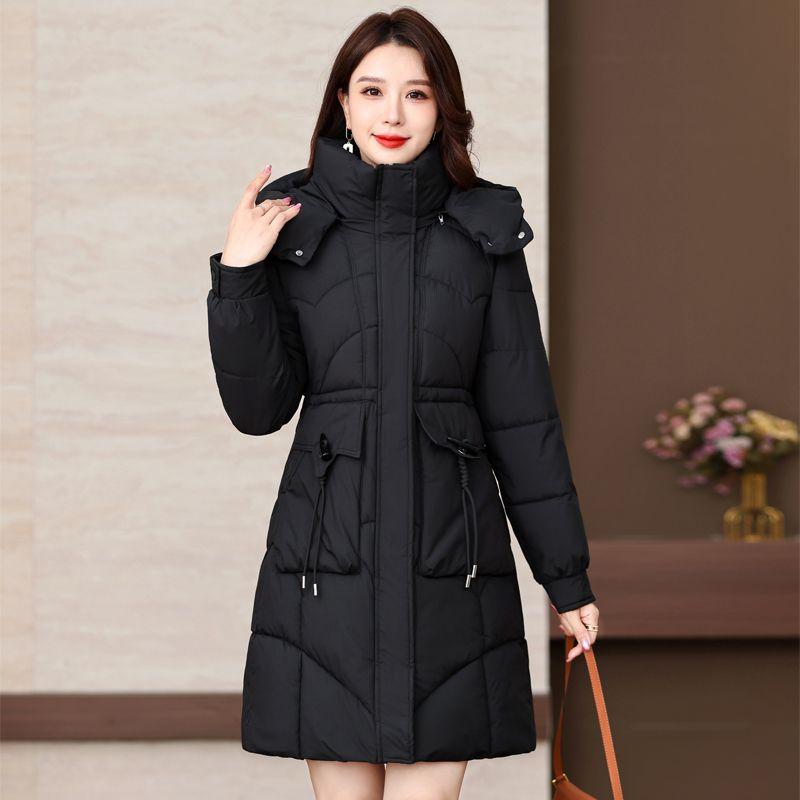 Winter Women Medium To Long Cotton Jacket Thickened Warm Casual Stand Collar Hooded Parker Coat Solid Color Warm Cotton Jacket